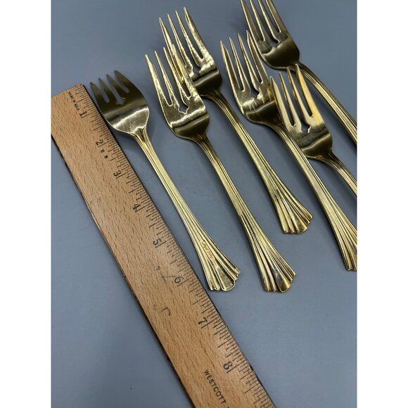 7 Royal Gallery Gold Electroplate Salad Forks Lavish Luncheon Dessert Fork Set - Picture 5 of 8